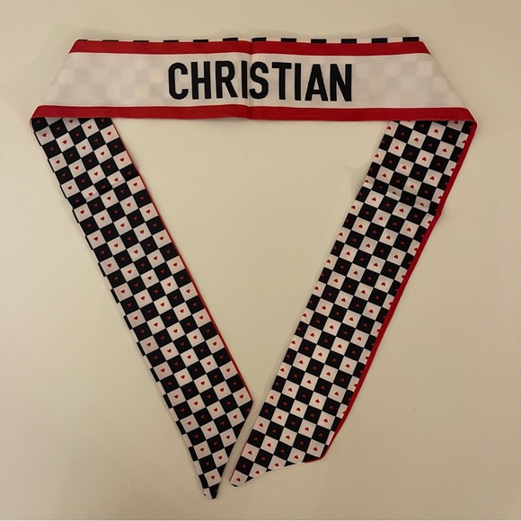 *C*H*R*I*S*T*I*A*N* Red Hearts Black White Pattern Twilly Bandeau Wrap Scarf - Picture 2 of 2